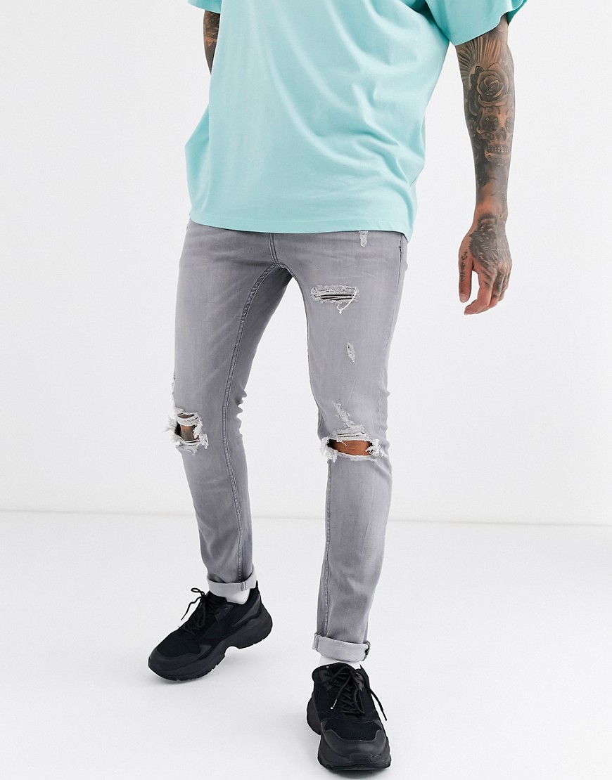 Topman – Grå skinny jeans med revor