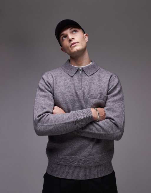 Topman – Grå stickad pikétröja med dragkedja i halsen