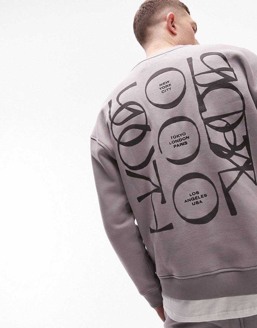 topman - grå sweatshirt i oversize med 'tokyo paris london'-tryck på ryggen och bröstet-grå/a