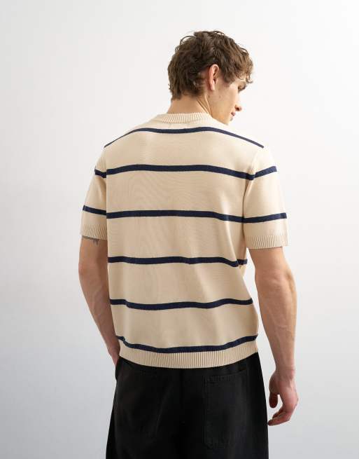 Topman – Gräddvit, randig och stickad t-shirt med klassisk passform, 3 av 5