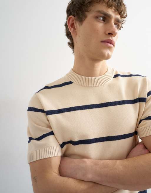 Topman – Gräddvit, randig och stickad t-shirt med klassisk passform, 5 av 5