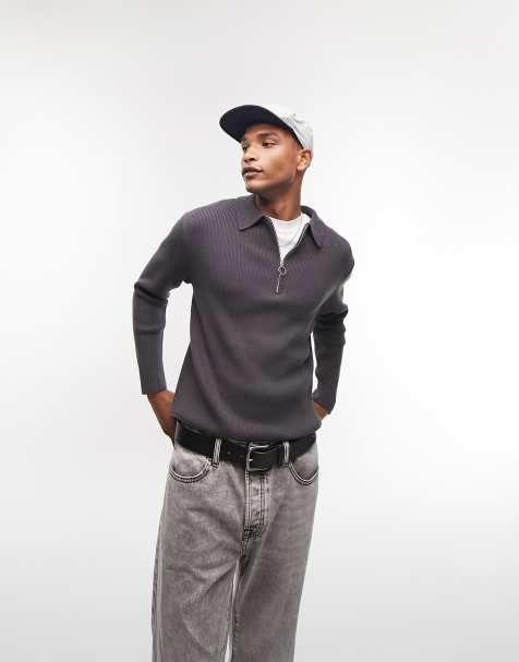 Topman knitted rib polo in charcoal