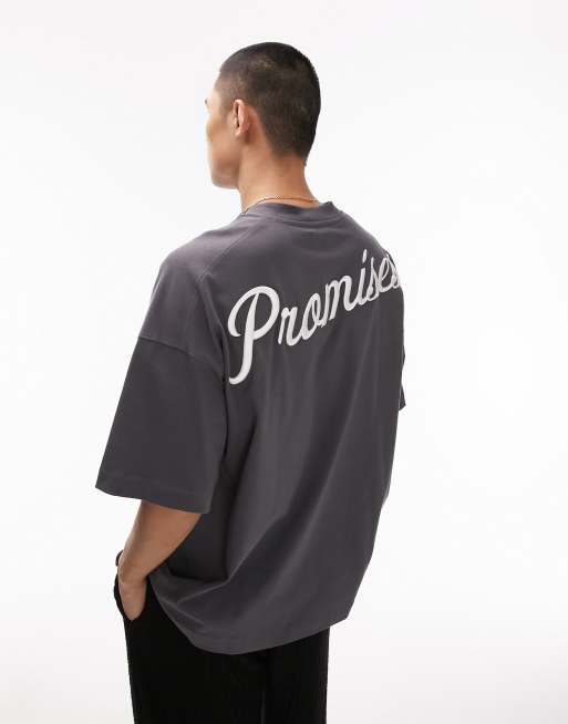 Topman – Grafitowy gruby T-shirt extreme oversize z haftowanym napisem „Promises” z przodu i na plecach