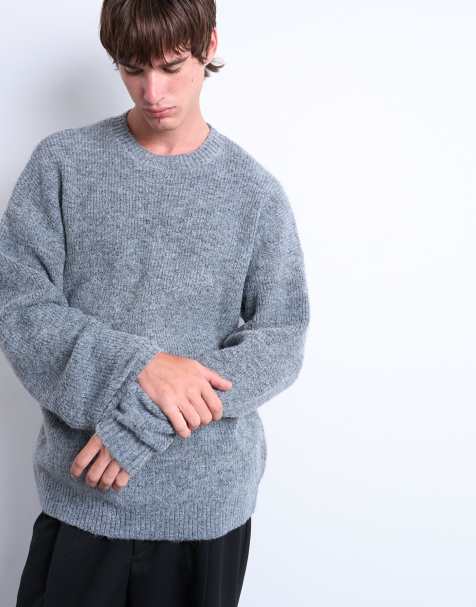Topman oversized fit crew jumper in charcoal