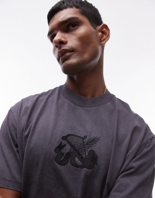 Topman – Grafitowy T-shirt oversize z haftowanym motywem harfy