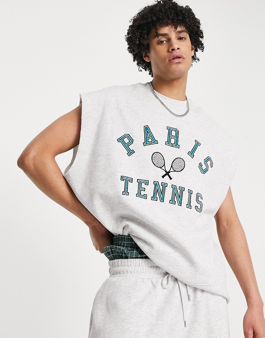 topman - gråmelerad ärmlös sweatshirt i extra oversize med tennisbroderi, del av set-vit/a