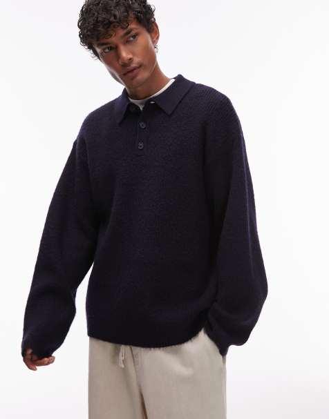 Topman – Granatowa dzianinowa koszulka polo oversize - view 1