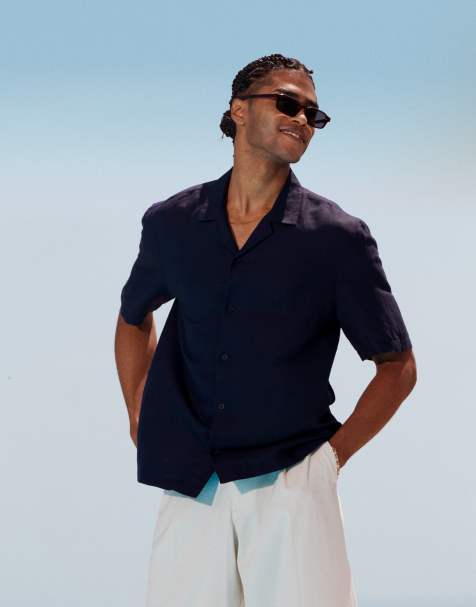 Topman regular fit short sleeve linen blend shirt in navy