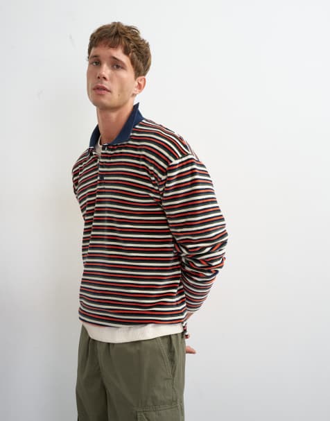 Topman – Granatowa krótka welurowa koszulka polo o luźnym kroju w paski - view 1