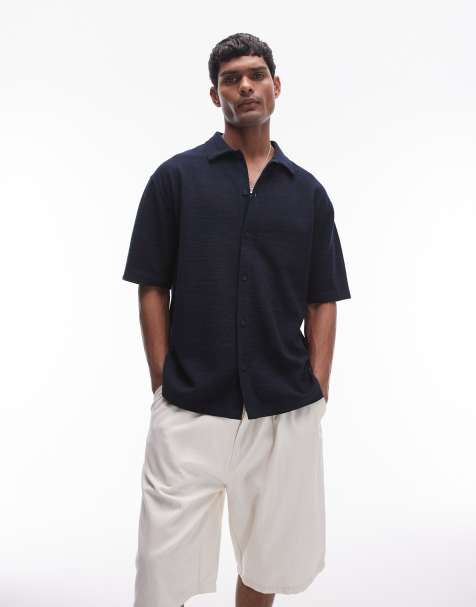 Topman – Granatowa zapinana na guziki dżersejowa koszula oversize - view 1