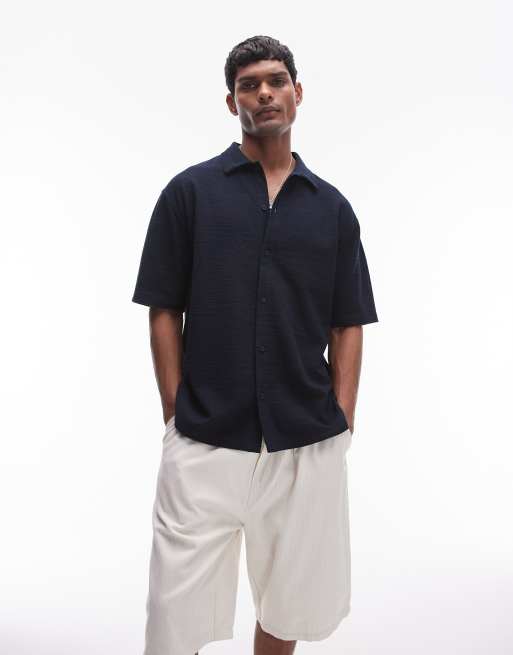 Topman – Granatowa zapinana na guziki dżersejowa koszula oversize