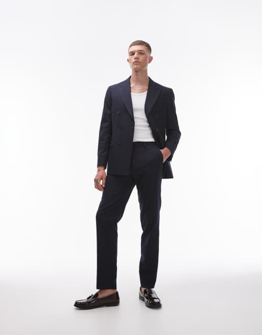 Topman – Granatowe dopasowane spodnie garniturowe z domieszką lnu 
