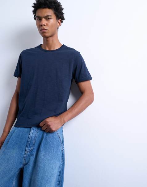Topman cropped fit slub t-shirt in navy