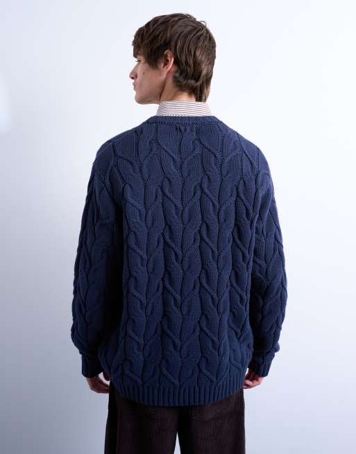Topman – Granatowy luźny sweter z grubej dzianiny o warkoczowym splocie, 4 z 5