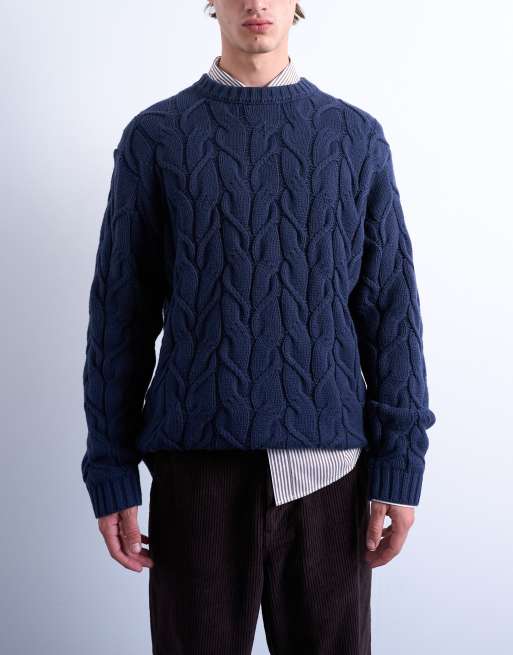 Topman – Granatowy luźny sweter z grubej dzianiny o warkoczowym splocie, 5 z 5