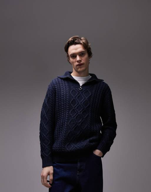 Topman – Granatowy sweter z dzianiny o warkoczowym splocie z zamkiem pod szyją