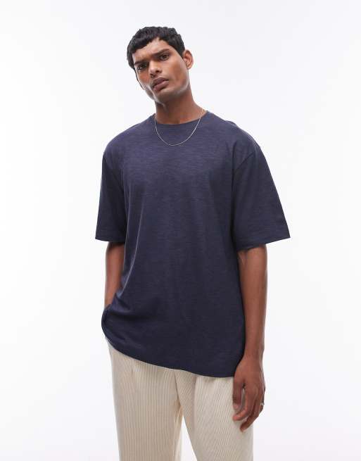 Topman – Granatowy T-shirt oversize z materiału z dodatkiem lnu