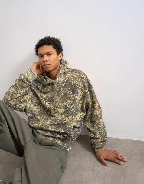 Topman - Grøn oversized hættetrøje med camouflageprint i kraftigt stof - view 1