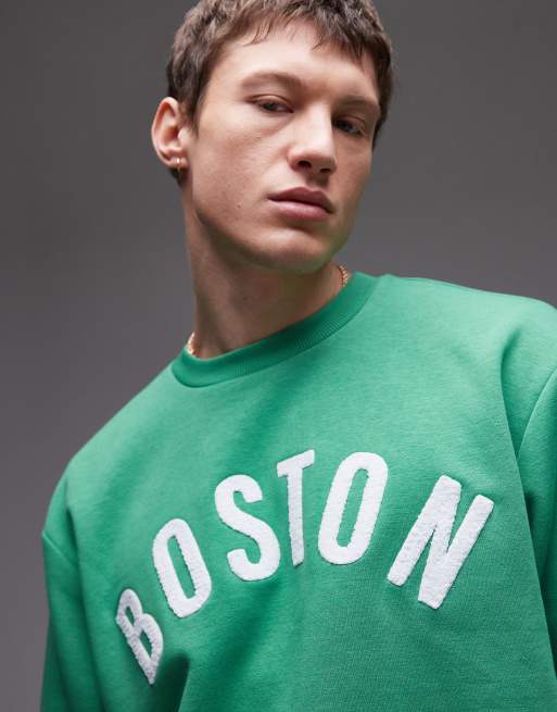 Topman - Grøn sweatshirt med 'Boston'-broderi i chenille i afslappet pasform, 3 af 4