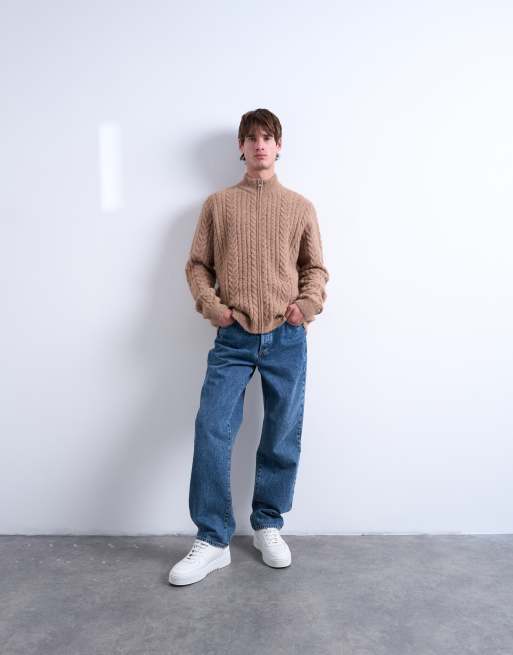 Topman - Gyldenbrun kabelstrikket cardigan med ståkrave og lynlås, 2 af 5