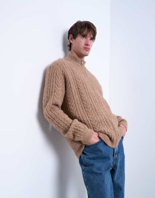 Topman - Gyldenbrun kabelstrikket cardigan med ståkrave og lynlås, 4 af 5