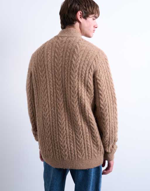 Topman - Gyldenbrun kabelstrikket cardigan med ståkrave og lynlås, 5 af 5