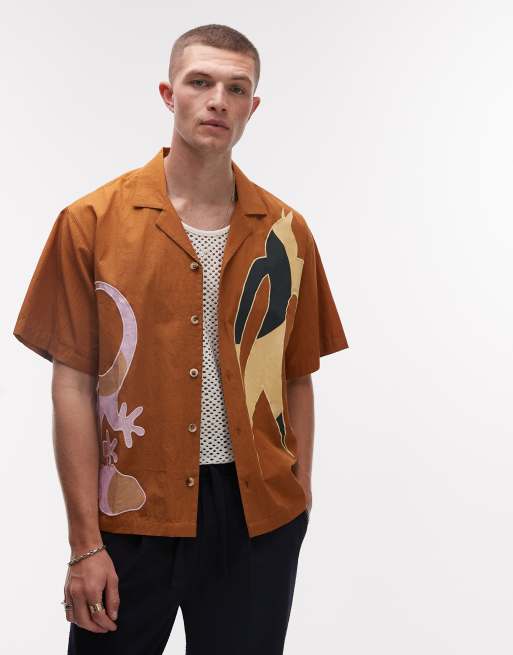Topman - Gyldenbrun skjorte med korte ærmer og påsyede broderier, 2 af 5