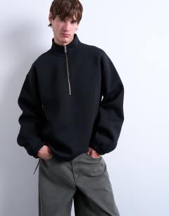 Half zip funnel scuba-style fabric pullover in black
