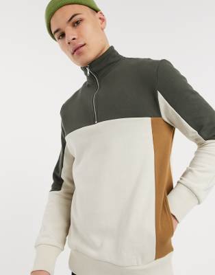 Topman half zip jumper in khaki & ecru-Green