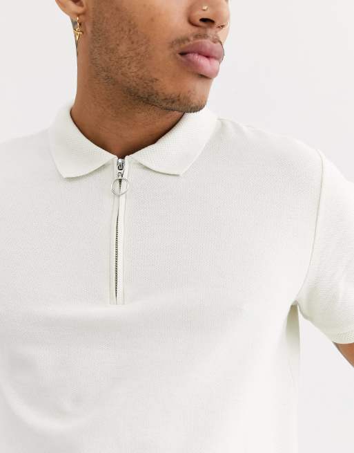 Topman half zip polo in ecru | ASOS