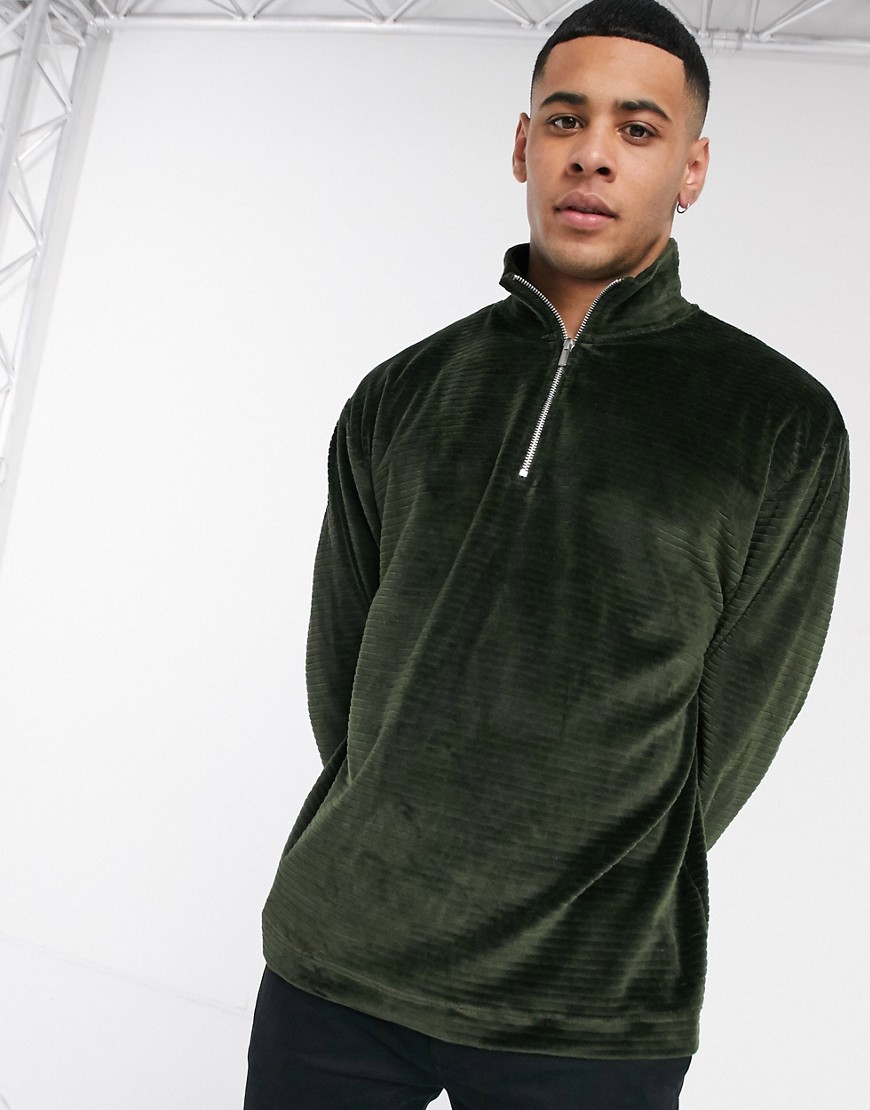 Topman half zip velour sweater in khaki-Green
