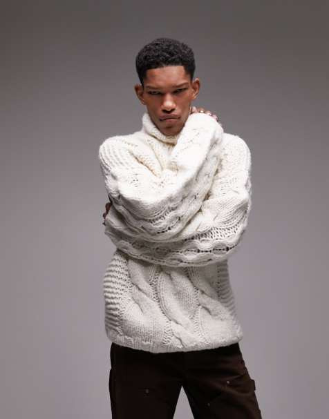 Men's white outlet cable knit sweater