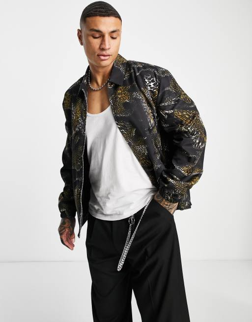 Topman – Harrington-Jacke mit Tiger-Wirbelmuster in Schwarz ASOS