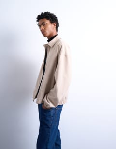 Model wearing Harrington jacket in stone