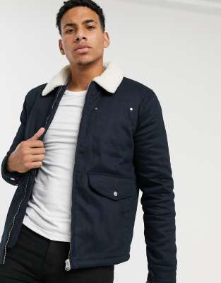 Download Topman harrington jacket with borg collar in navy | ASOS