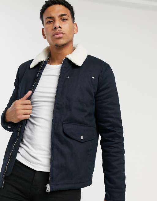 Download Topman harrington jacket with sherpa collar in navy | ASOS