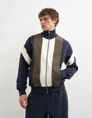 Topman - Haut de survêtement classique en piqué avec empiècements - Bleu marine