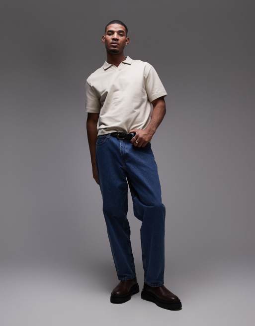Topman heavyweight boxy fit revere polo in stone