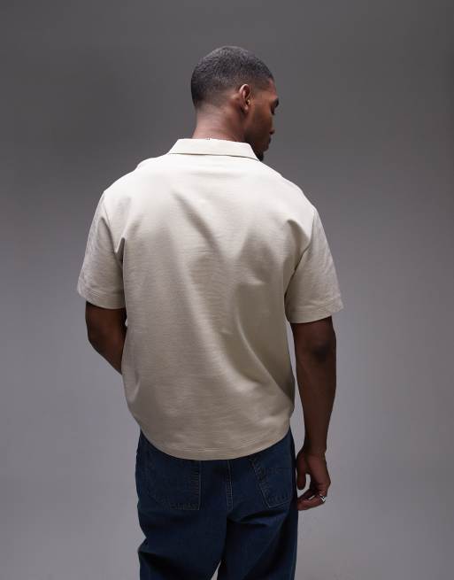 Topman heavyweight boxy fit revere polo in stone