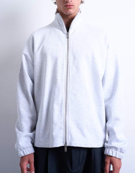 Topman heavyweight boxy fit zip-through funnel neck sweatshirt in light grey marl - view 1