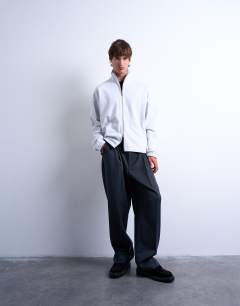Model wearing Heavyweight boxy fit zip through funnel neck sweatshirt in light grey marl