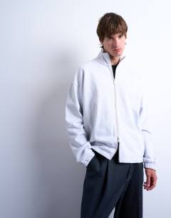 Model wearing Heavyweight boxy fit zip through funnel neck sweatshirt in light grey marl