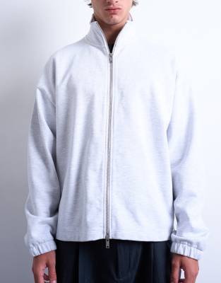 Topman Heavyweight Boxy Fit Zip Up Funnel Neck Sweatshirt In Gray