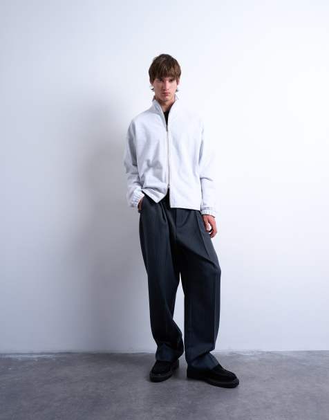 Topman heavyweight boxy fit zip up funnel neck sweatshirt in light heather gray - view 1