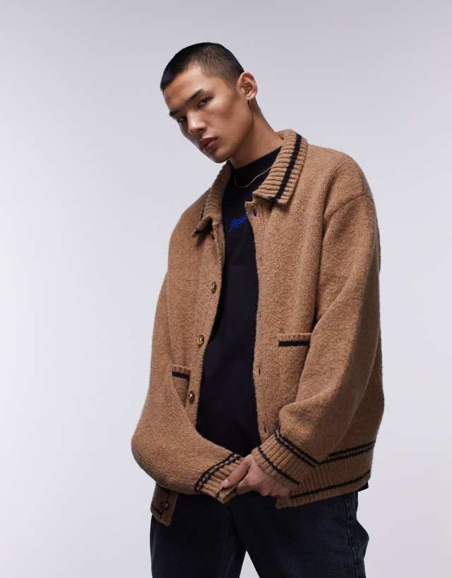 Topman - heavyweight brushed tipped cardigan with collar in brown