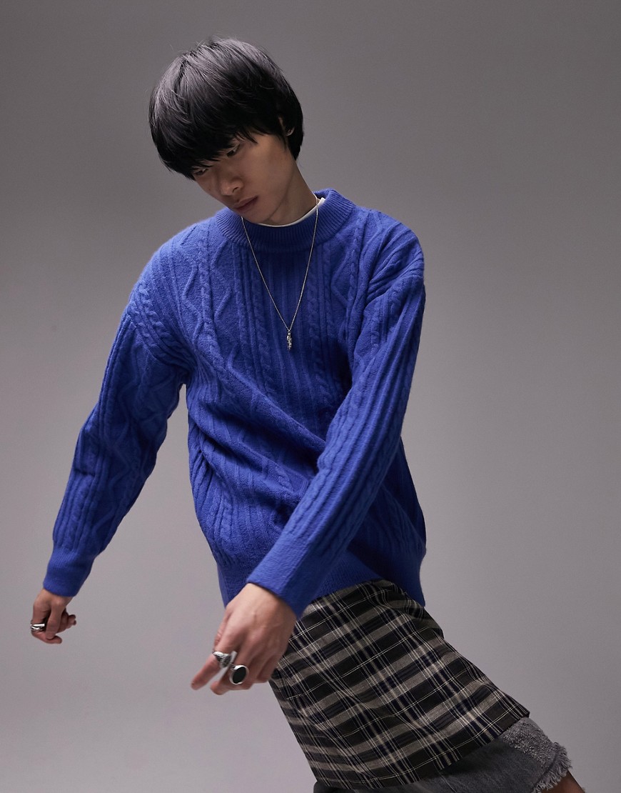 Topman heavyweight cable knit sweater in cobalt blue-Blues