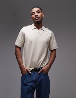 heavyweight crop fit camp collar polo in stone-Neutral