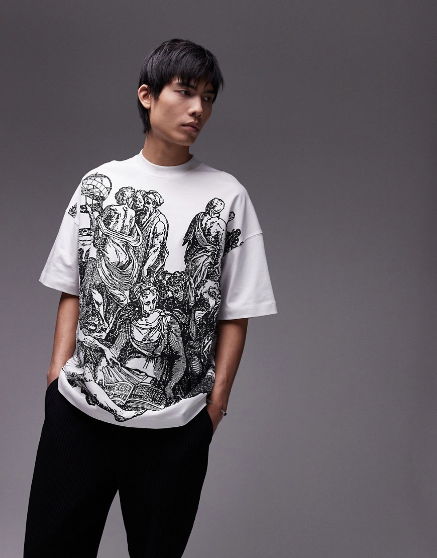 Topman heavyweight extreme oversized fit t-shirt with all over astrologists print in ecru-White