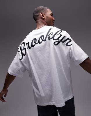 heavyweight extreme oversized fit t-shirt with front and back Brooklyn embroidery in white