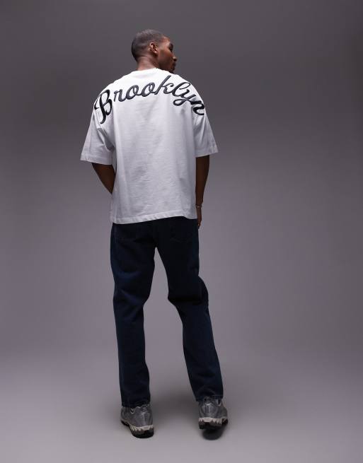 Topman heavyweight extreme oversized fit t-shirt with front and back Brooklyn embroidery in white, 4 of 4